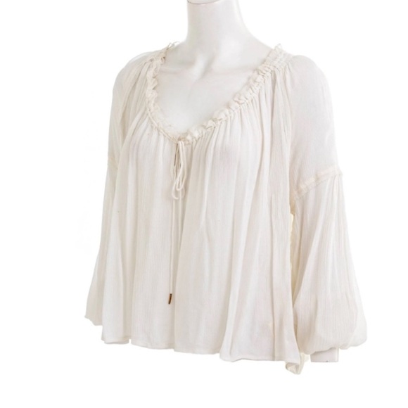 Free People Ivory Boho Peasant Blouse Tie Front Flowy Top Small - Picture 4 of 8